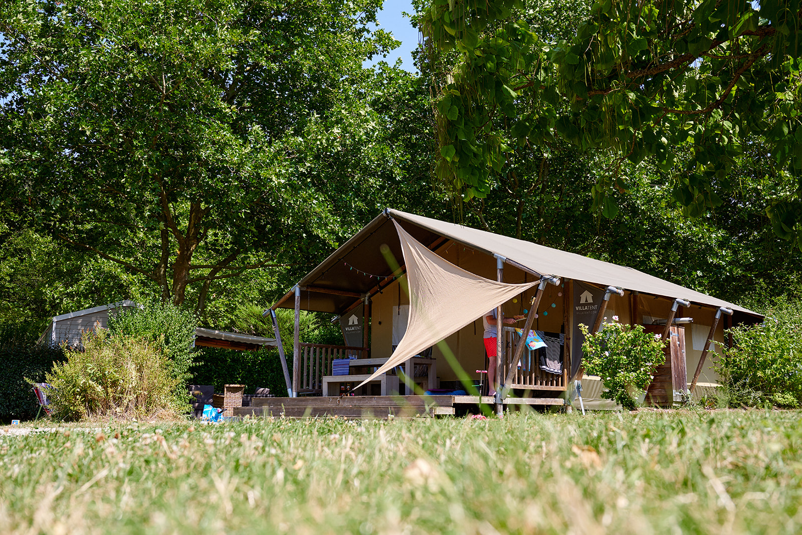 Luxury glamping tent in a family campground