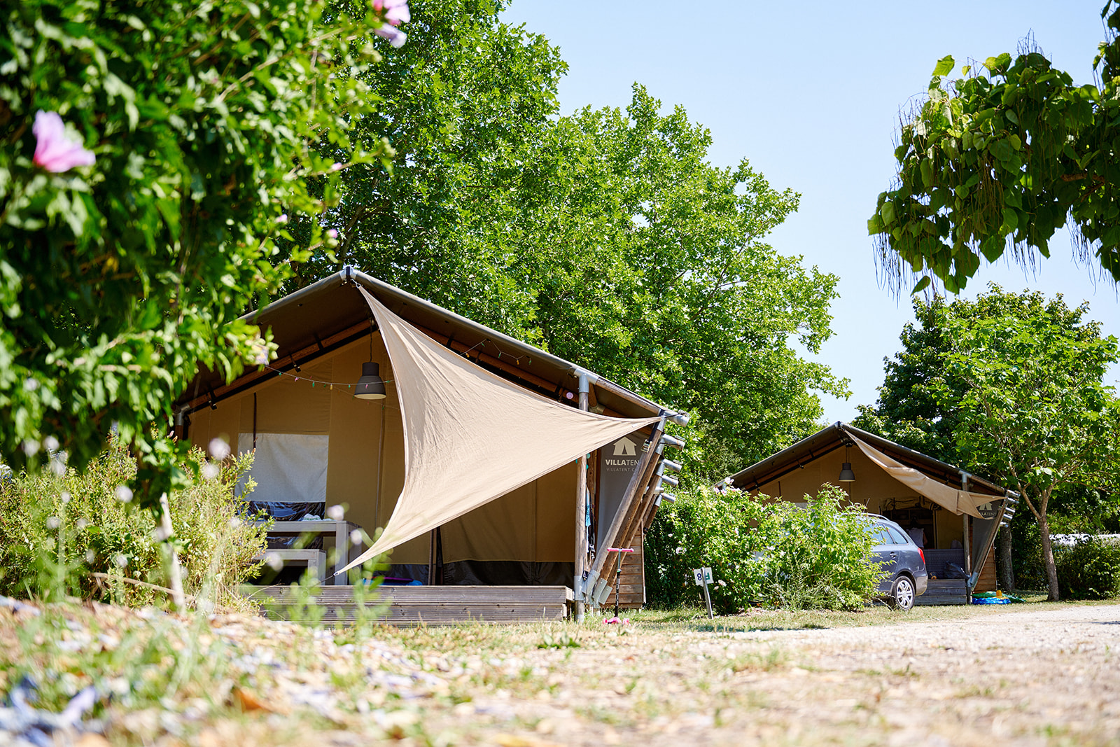 Luxury glamping tent in a family campground